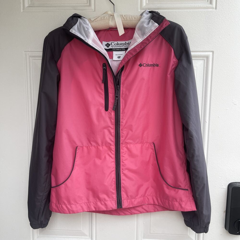 Columbia Girls 14/16 Pink Gray Hooded Windbreaker Rain Jacket Youth L